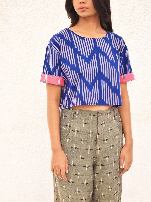 Ikat Blue Crop Top Front Pockets Side Pockets Patch Pockets