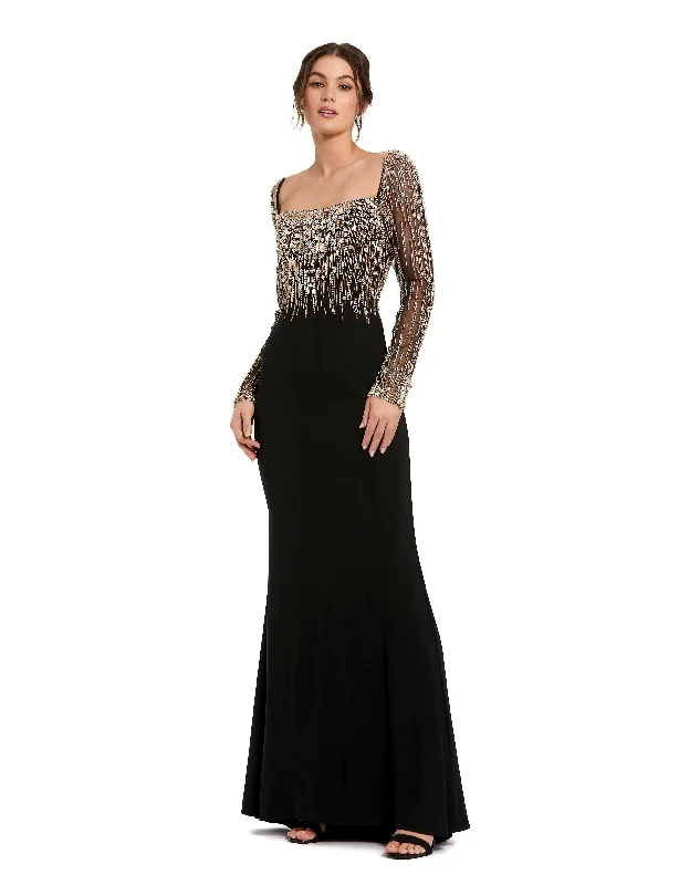 Beaded Square Neck Long Sleeve Jersey Gown Ash Gray Jersey Tee
