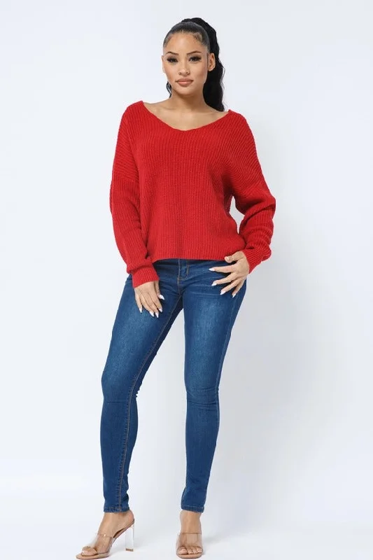 Rust Red Twist Open Back Loose Fit V Neck Long Sleeve Cozy Sweater Available in Sizes M-XL Elasticated Padded Insulated Rust Red Twist Open Back Loose Fit V Neck Long Sleeve Cozy Sweater Available in Sizes M-XL Elasticated Padded Insulated