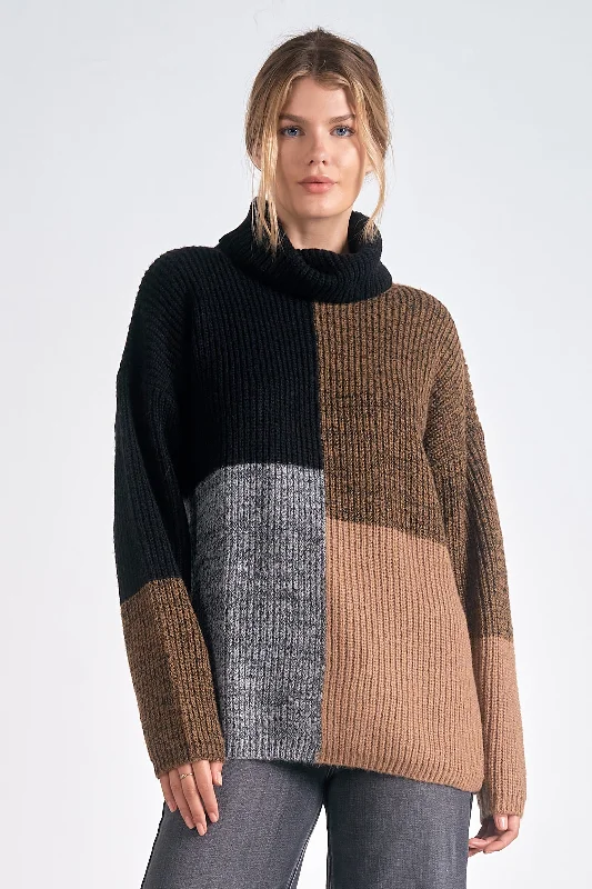 COLOR BLOCK TURTLE NECK SWEATER - BLACK/BROWN Velvet Chenille Corduroy