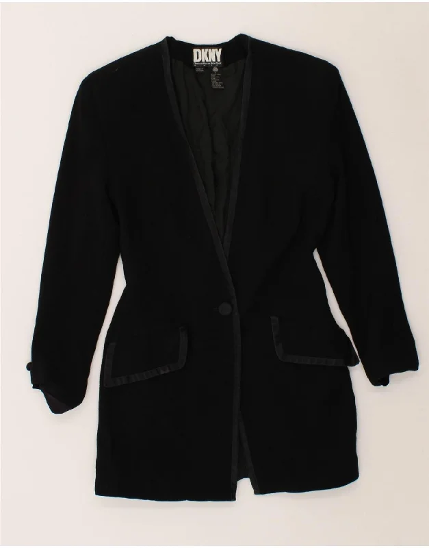 DKNY Womens 1 Button Blazer Jacket US 2 XS Black Wool Notch Collar Peter Pan Collar Cowl Neck