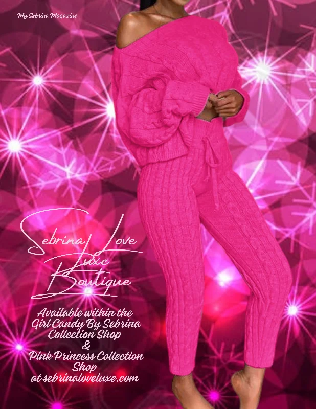 Cozy Hot Pink Cable Knit 2pc Sweater & Leggings Set Chenille Fabric Brocade Fabric Lace Fabric