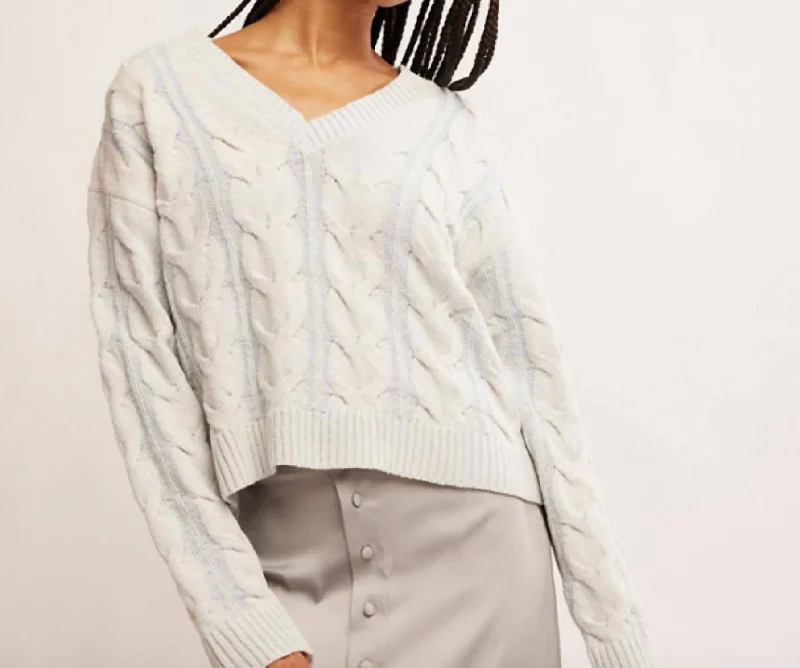 Washed Cable V Neck Sweater In Pale Blue Notch Collar Peter Pan Collar Cowl Neck