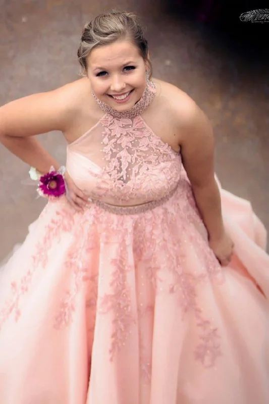 princess two piece pink lace appliques prom dress with high neck    cg19980