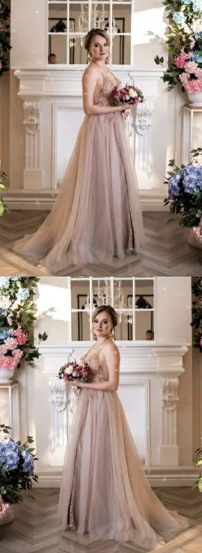 Elegant Nude Pink Tulle Split Prom Dresses Beaded V Neck Spaghetti Straps Formal Gown   cg19723