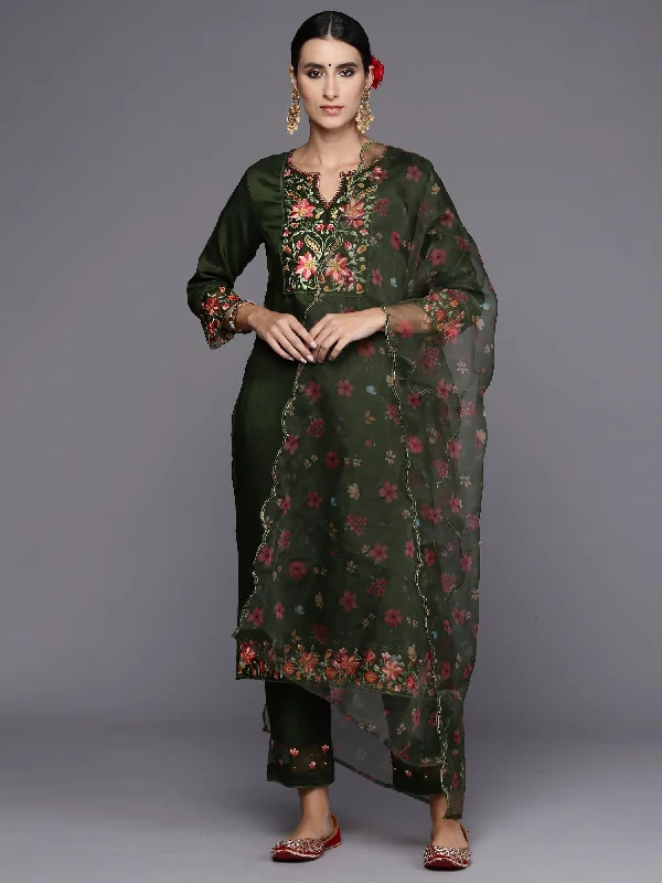 Women's Green Embroidered Straight Kurta Trousers With Dupatta Set - Indo Era Trousers Flared Retro Women's Green Embroidered Straight Kurta Trousers With Dupatta Set - Indo Era Trousers Flared Retro