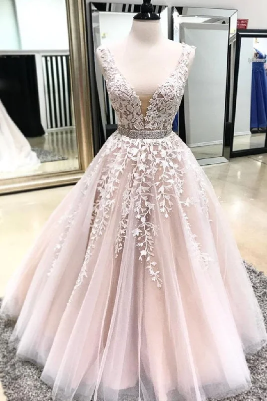 Blush Pink V Neck Open Back Long Beaded Formal Prom Dress With Applique    cg19894
