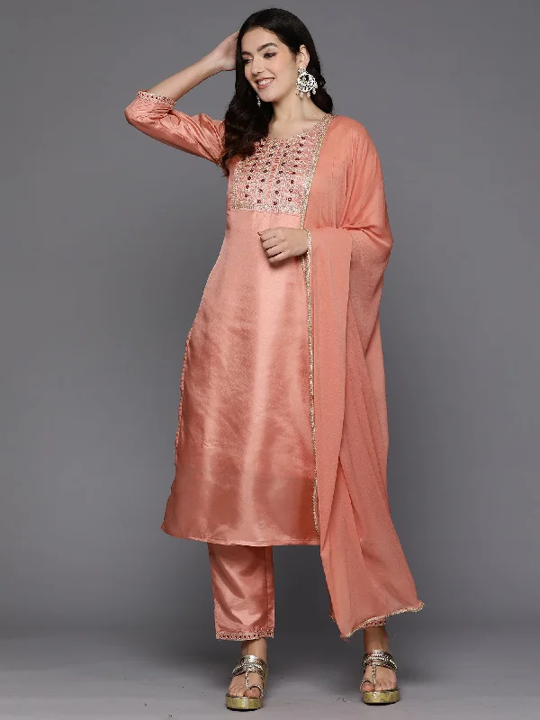 Women's Peach Embroidered Straight Kurta Trousers With Dupatta Set - Indo Era Trousers trendy modern Women's Peach Embroidered Straight Kurta Trousers With Dupatta Set - Indo Era Trousers trendy modern