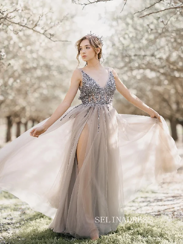 Chic A-line V neck Beaded Gray Long Prom Dress Photography Costumes Formal Dress JKSS514 Chic A-line V neck Beaded Gray Long Prom Dress Photography Costumes Formal Dress JKSS514