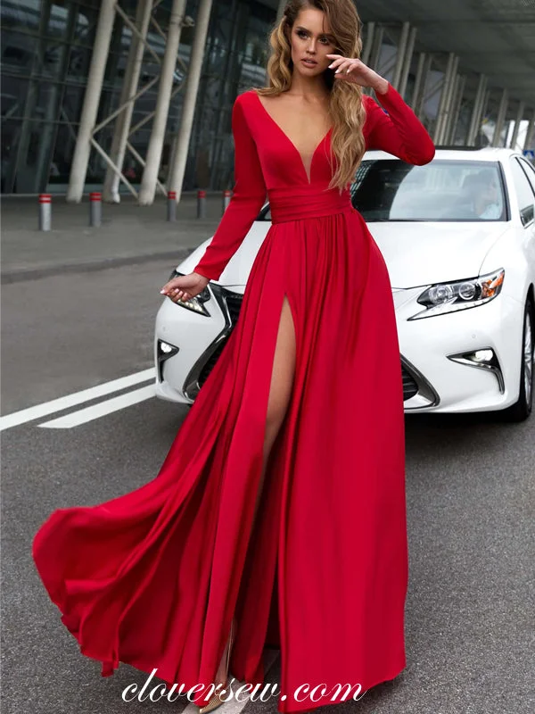 Bright Red Long Sleeves V-neck High Slit Formal Dresses , CP0034