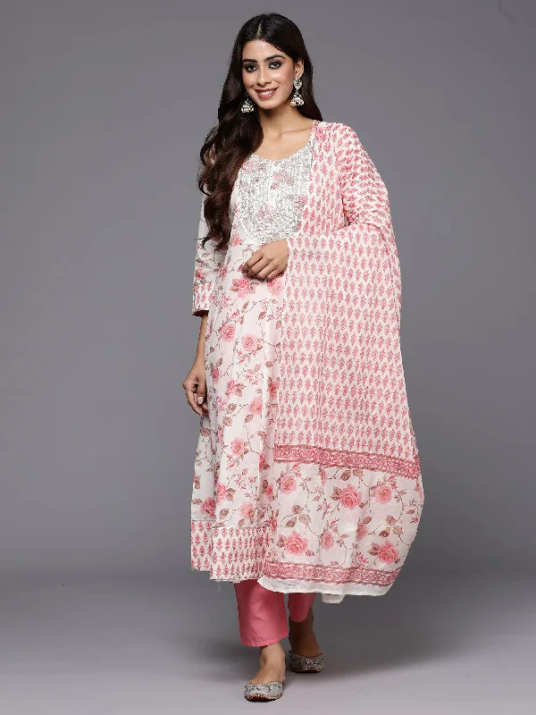 Women's Off White Embroidered A-Line Kurta Trousers With Dupatta Set - Indo Era Trousers Print Floral Women's Off White Embroidered A-Line Kurta Trousers With Dupatta Set - Indo Era Trousers Print Floral