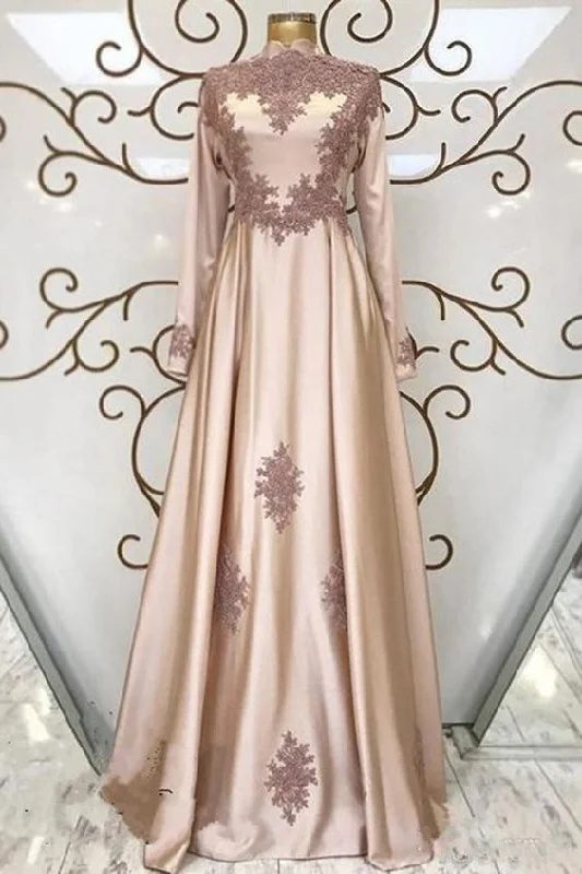 Champagne Satin High Neck Arabic Long Formal Prom Dress With Long Sleeve     cg20114