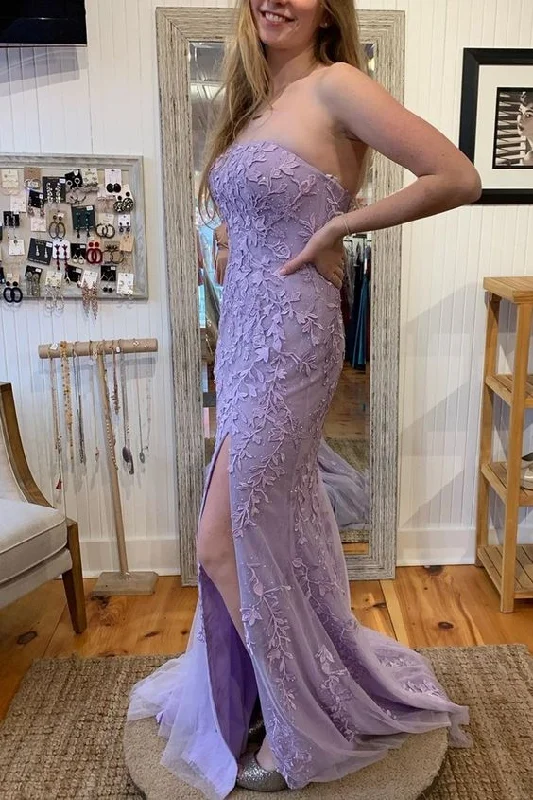 mermaid lavender lace long prom dress with strapless and side slit    cg20048