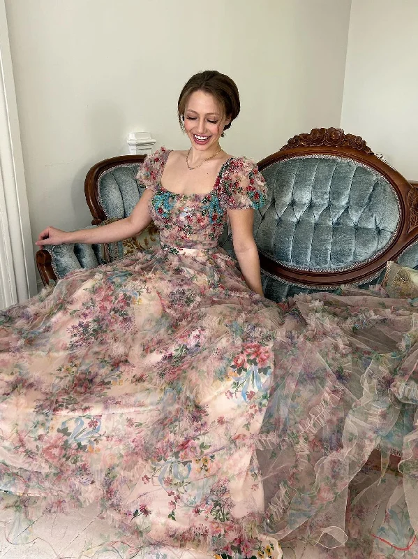 A-line Square Puff Sleeve Floral Prom Dress Gorgeous Long Evening Dresses #JKW127