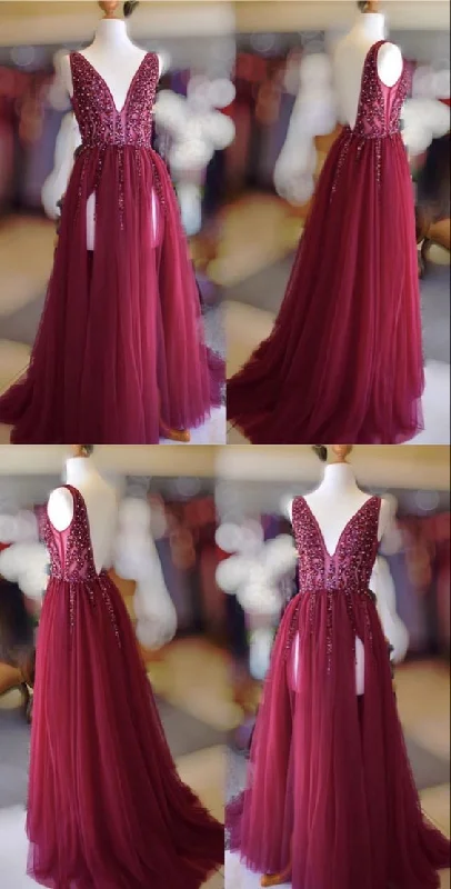 Long burgundy tulle double split formal prom dresses sequins beaded v neck evening gown cg20124 Long burgundy tulle double split formal prom dresses sequins beaded v neck evening gown cg20124