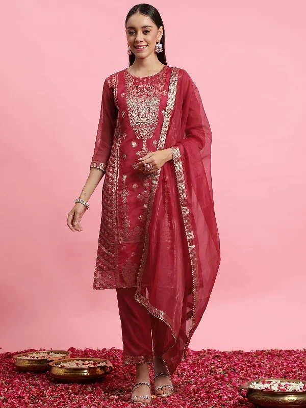 Women's Pink Woven Design Straight Kurta Trousers With Dupatta Set - Indo Era Trousers Bestseller Popular Women's Pink Woven Design Straight Kurta Trousers With Dupatta Set - Indo Era Trousers Bestseller Popular