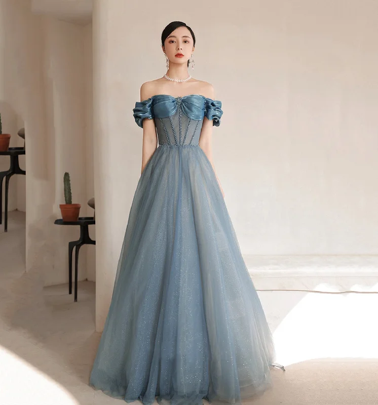 BLUE TULLE LONG A LINE PROM DRESS OFF SHOULDER EVENING DRESS    cg19811