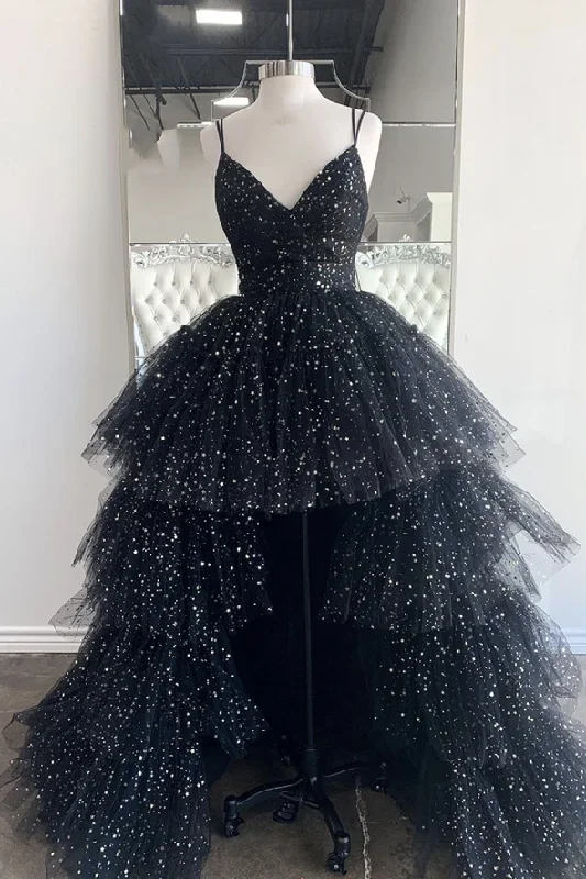 Black v neck tulle long prom dress high low evening dress    cg19922