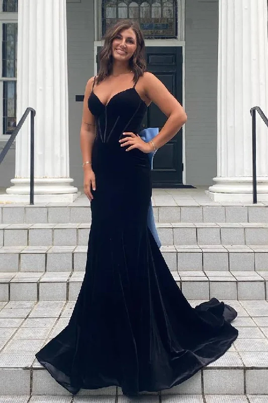 Elegant Mermaid V-Neck Spaghetti Straps Velvet Formal Prom Dress with Bow