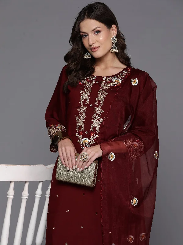 Women's Maroon Embroidered Straight Kurta Trousers With Dupatta Set - Indo Era Chinos Cotton Straight Leg Women's Maroon Embroidered Straight Kurta Trousers With Dupatta Set - Indo Era Chinos Cotton Straight Leg