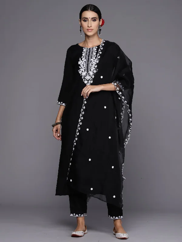 Women's Black Embroidered Straight Kurta Trousers With Dupatta Set - Indo Era Trousers Sale Discount Women's Black Embroidered Straight Kurta Trousers With Dupatta Set - Indo Era Trousers Sale Discount