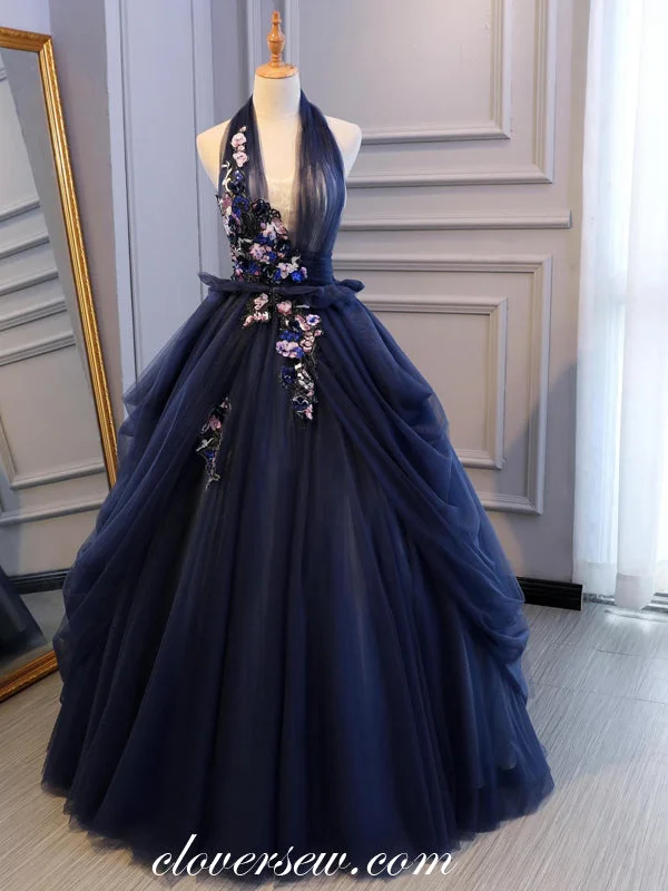 Navy Tulle Appliques Halter Gorgeous Ball Gown Prom Dresses, CP0026