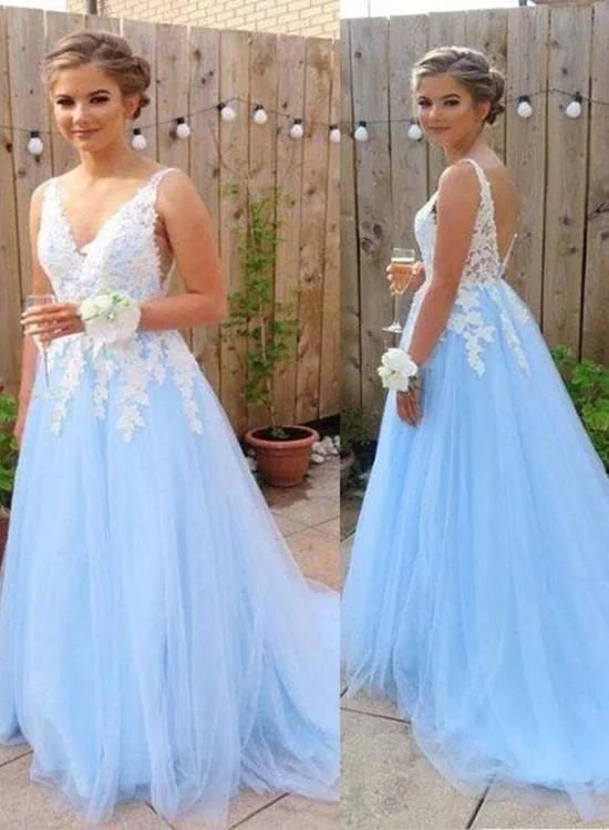 Charming Light Blue V-neckline Tulle Prom Dress with Applique, Lovely Formal Gown cg19763 Charming Light Blue V-neckline Tulle Prom Dress with Applique, Lovely Formal Gown cg19763