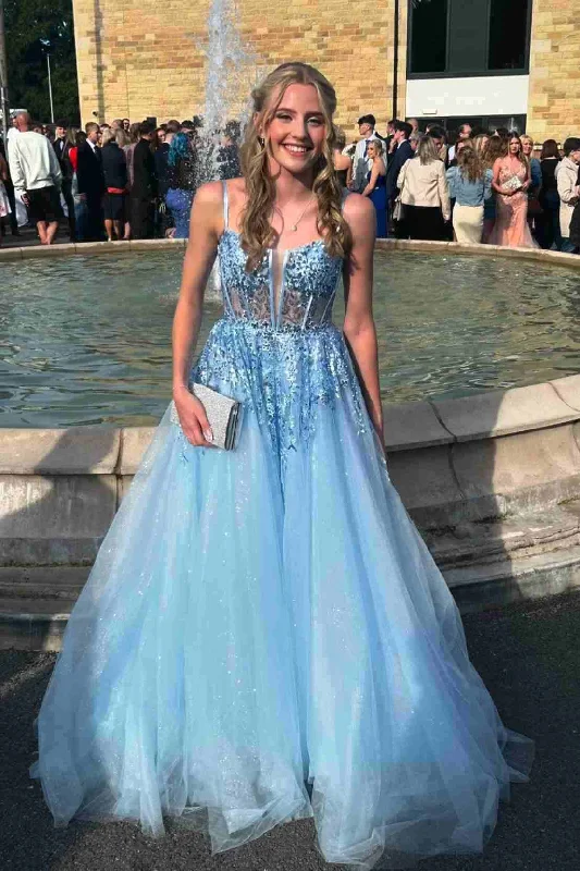 Light Blue A-Line Empire-Waist Sleeveless Deep V-Neck Appliques Tulle Long Prom Dress Light Blue A-Line Empire-Waist Sleeveless Deep V-Neck Appliques Tulle Long Prom Dress