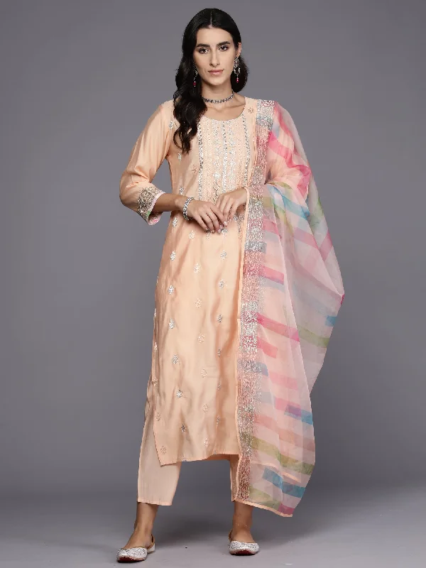 Women's Peach Embroidered Straight Kurta Trousers With Dupatta Set - Indo Era Trousers Striped Patterned Women's Peach Embroidered Straight Kurta Trousers With Dupatta Set - Indo Era Trousers Striped Patterned