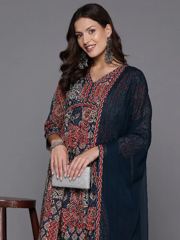 Women's Blue Embroidered A-Line Kurta Trousers With Dupatta Set - Indo Era Trousers Exclusive Limited Women's Blue Embroidered A-Line Kurta Trousers With Dupatta Set - Indo Era Trousers Exclusive Limited
