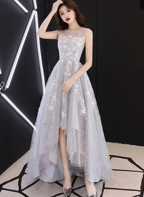 fashion Prom Dresses Light Grey Lace High Low Round Neckline    cg19770