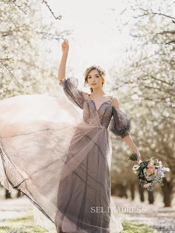Spaghetti Straps Gray Long Prom Dress Photography Costumes Formal Dress With Puff Sleeve JKSS508