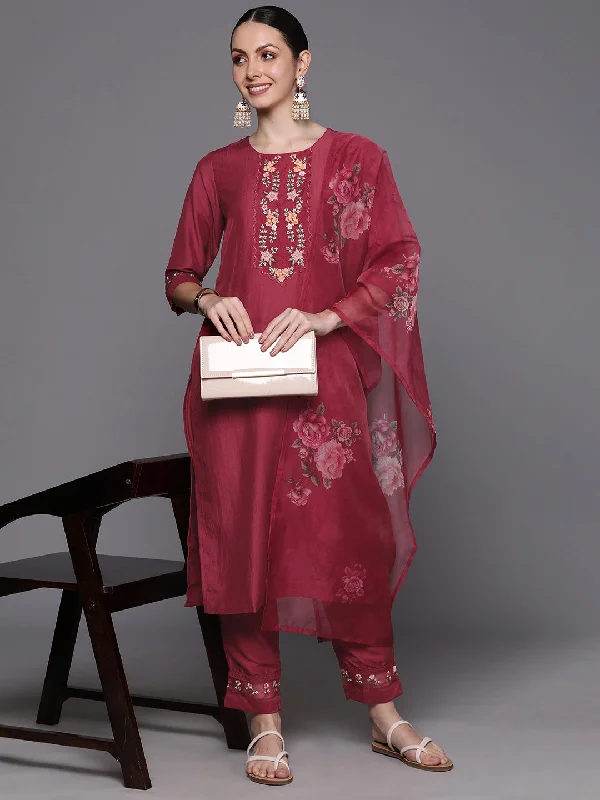 Women's Maroon Embroidered Straight Kurta Trousers With Dupatta Set - Indo Era Trousers Palazzo Wide Leg Women's Maroon Embroidered Straight Kurta Trousers With Dupatta Set - Indo Era Trousers Palazzo Wide Leg