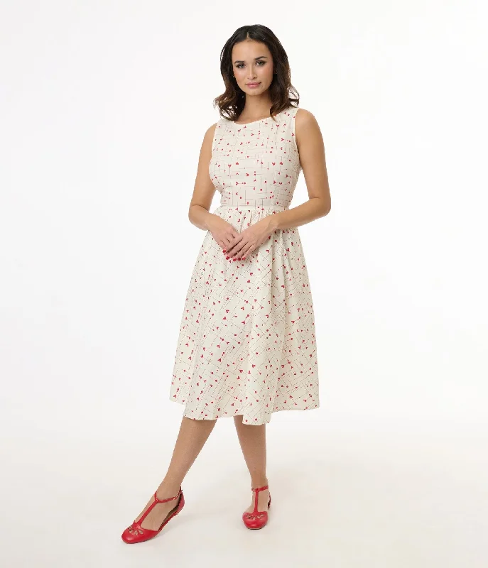 Retrolicious 1950s White & Red Heart Cotton Be Mine Swing Dress
