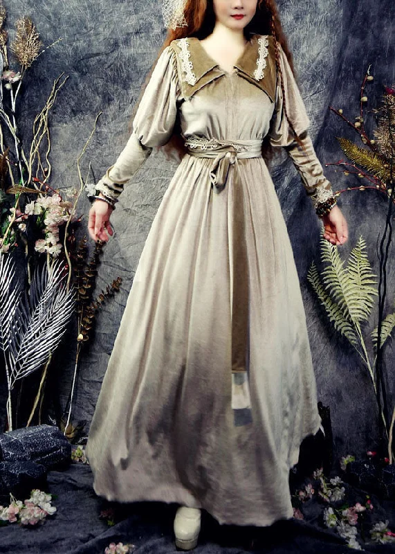Diy Khaki Double-Layer Tie Waist Silk Velour Long Dresses Spring