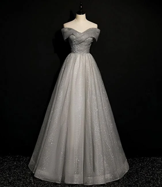 Grey tulle beads long prom dress off shoulder evening dress    cg19998