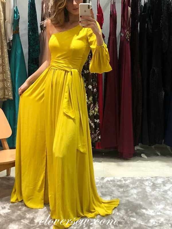 One Shoulder Long Sleeve Yellow Chiffon Prom Dresses,CP0005