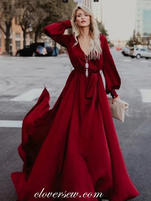 V-neck Long Sleeves Deep Red Chiffon High Slit Prom Dresses,CP0004