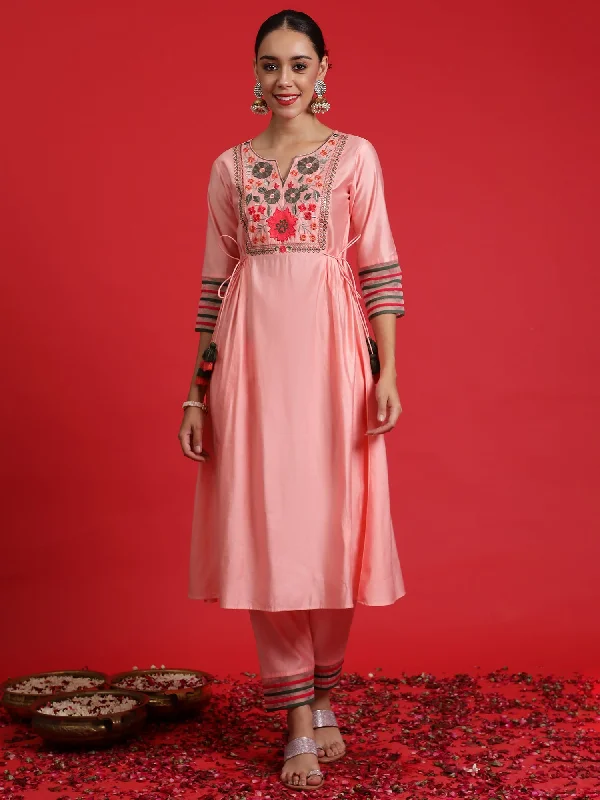 Women's Pink Embroidered A-Line Kurta Trousers Set - Indo Era Trousers Favorite Customer Women's Pink Embroidered A-Line Kurta Trousers Set - Indo Era Trousers Favorite Customer