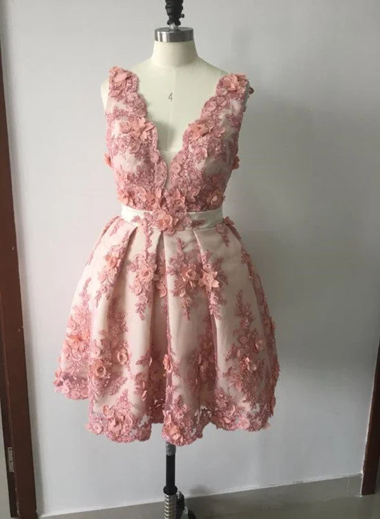 Lovely Short Lace Appliques Hand-Made Flower Homecoming Dress, Cute Prom Dress