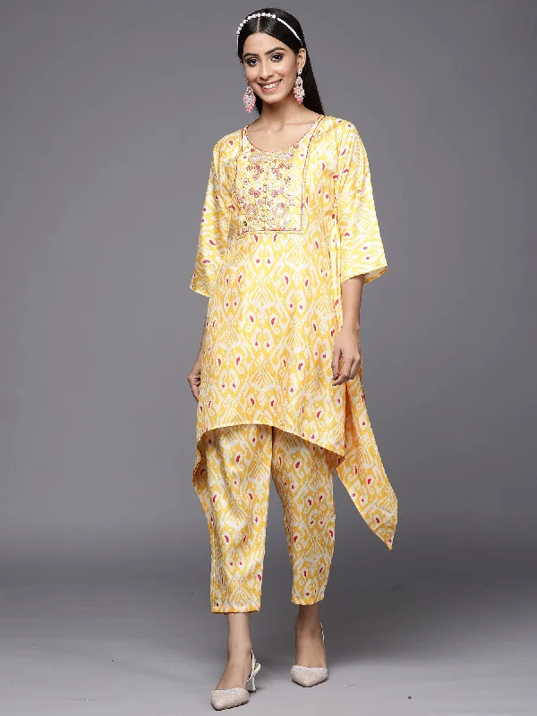Women's Kesariya Yellow Printed A-Line Kaftan With Trouser Set - Indo Era Trousers fashionable trendy Women's Kesariya Yellow Printed A-Line Kaftan With Trouser Set - Indo Era Trousers fashionable trendy