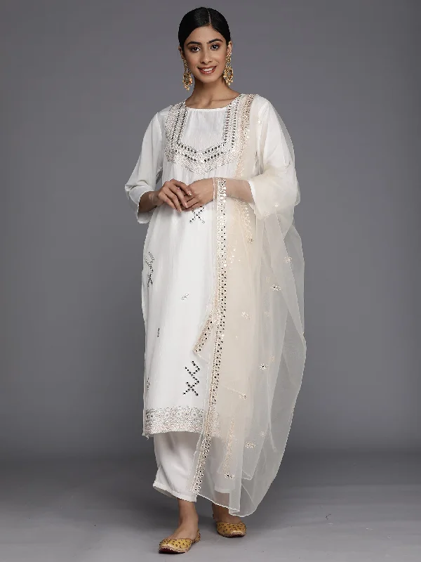 Women's White Embroidered Straight Kurta Trousers With Dupatta Set - Indo Era Trousers chic elegant Women's White Embroidered Straight Kurta Trousers With Dupatta Set - Indo Era Trousers chic elegant