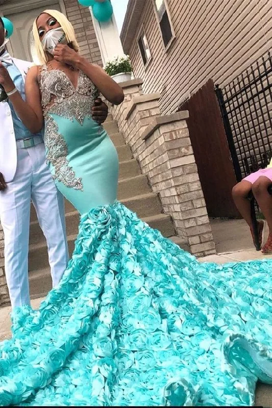 Charming V-Neck 3DFloral Print Mermaid Evening Gown Sweep/Trumpt Train Prom Dress   cg19947