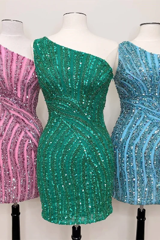 Green Sheath Sequins One Shoulder Lace-Up Homecoming Dress