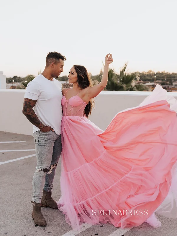 Chic A-line Spaghetti Straps Pink Long Prom Dress Photography Costumes Cheap Formal Dress JKSS515