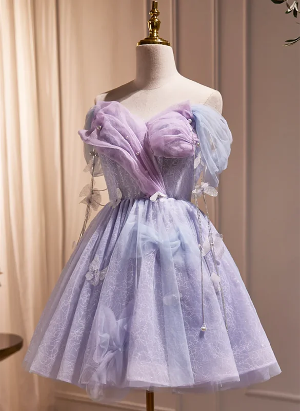 LightPurple Tulle Off Shoulder Short Prom Dress, Cute A-Line Off Shoulder Homecoming Dress
