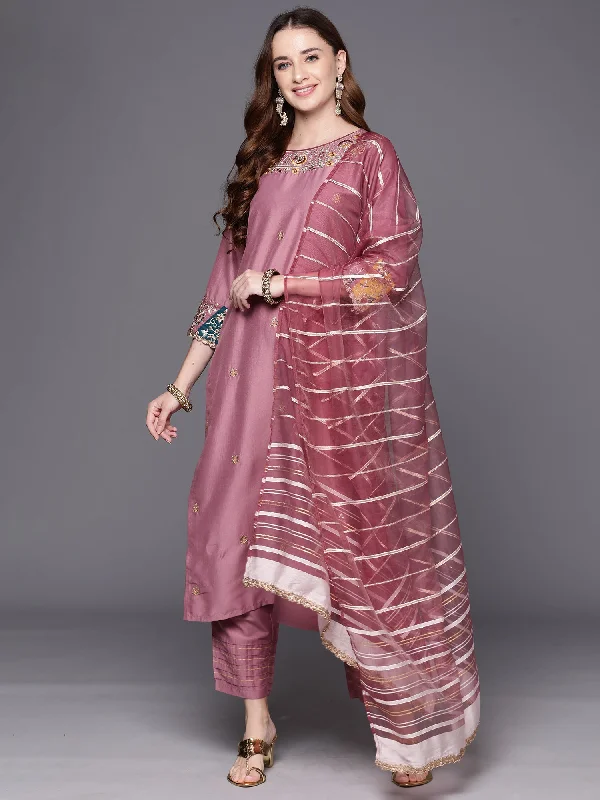 Women's Mauve Embroidered Straight Kurta Trousers With Dupatta Set - Indo Era Trousers cozy soft Women's Mauve Embroidered Straight Kurta Trousers With Dupatta Set - Indo Era Trousers cozy soft