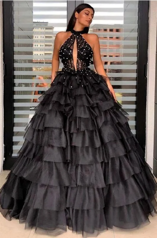 Stunning Halter Keyhole Sheer Top Sleeveless Layers Prom Dress    cg20085