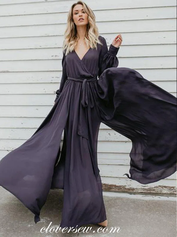 V-neck Long Sleeves Chiffon High Slit Prom Dresses,CP0002