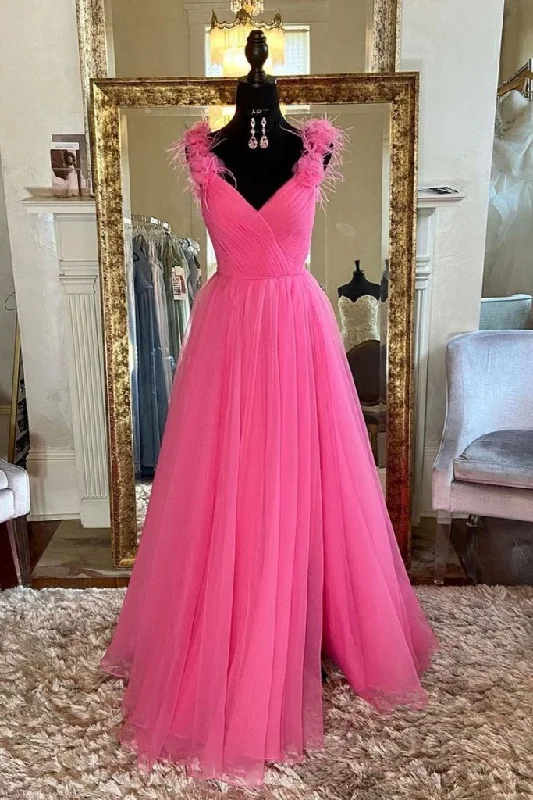 PINK V NECK TULLE LONG PROM DRESS PINK TULLE FORMAL DRESS    cg20009